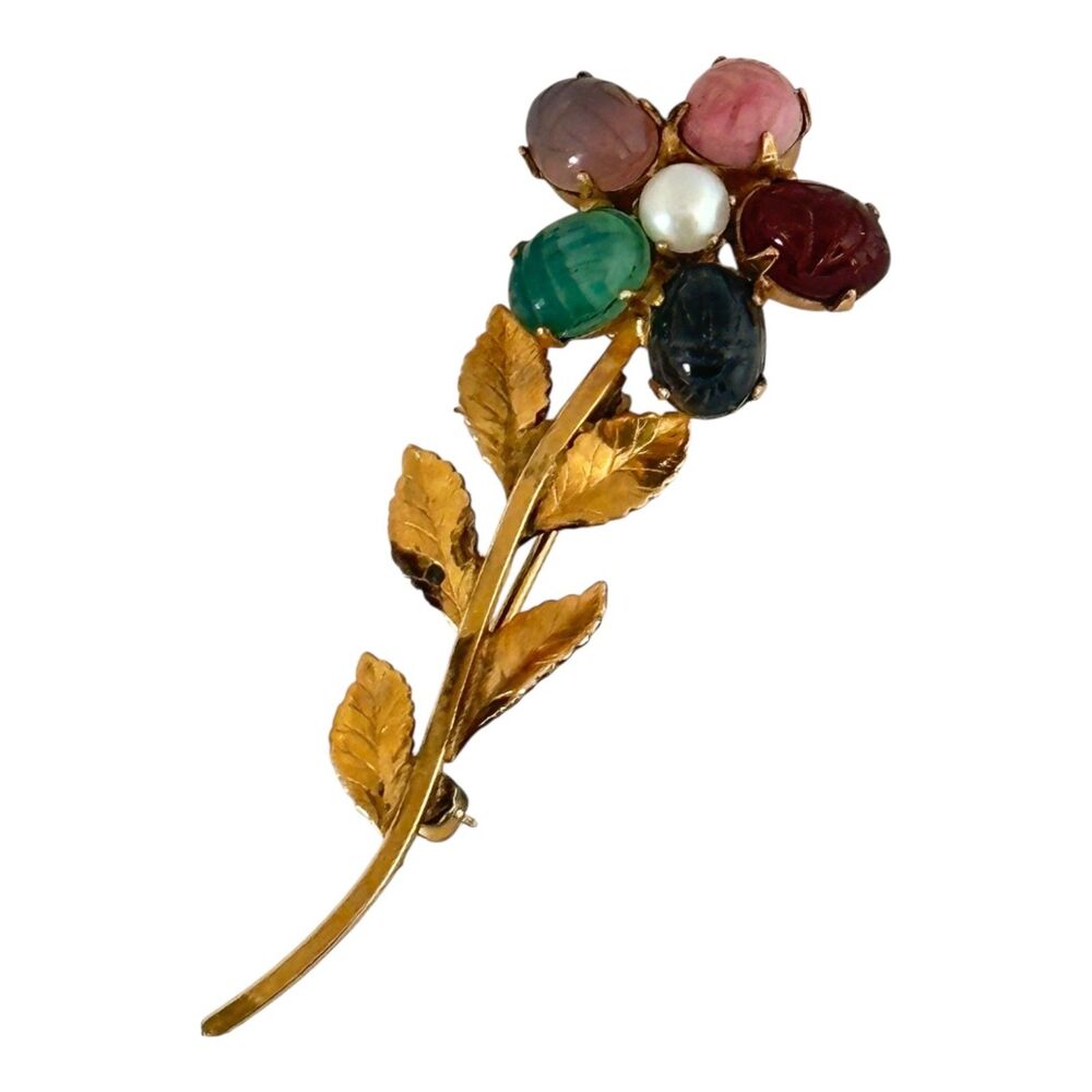 Vintage Gold Filled and Gemstone Scarab Flower Brooch